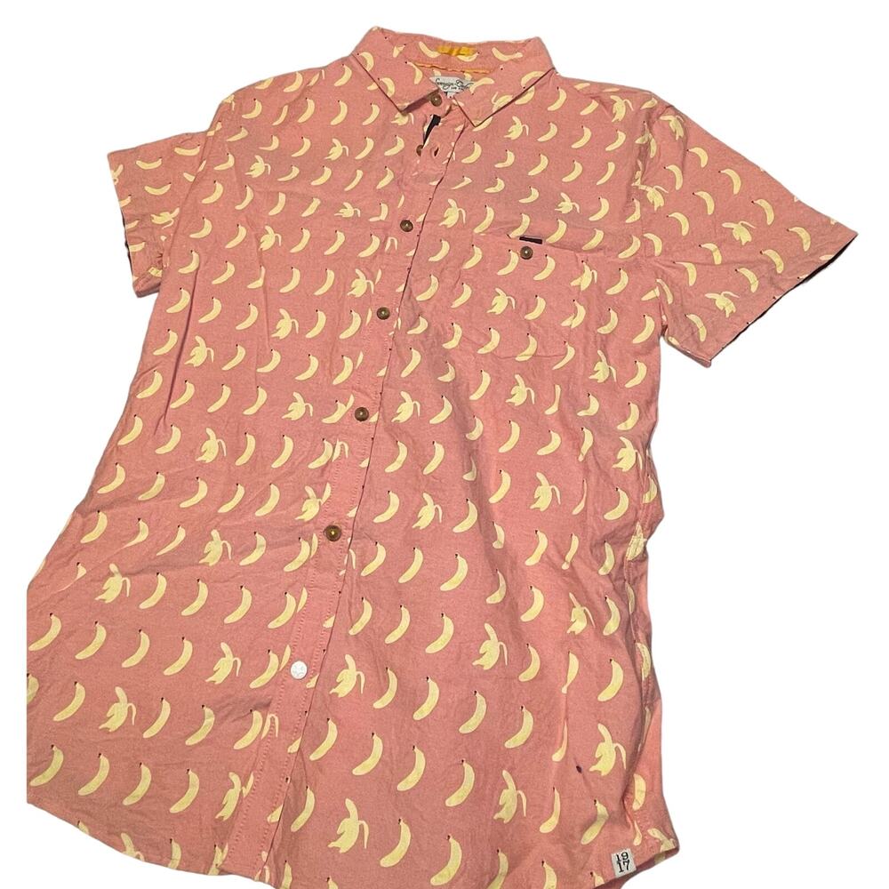 SOVREIGN CODE LA 1917 PINK MENS SHORT SLEEVE BUTTON DOWN SHIRT WITH BANANAS